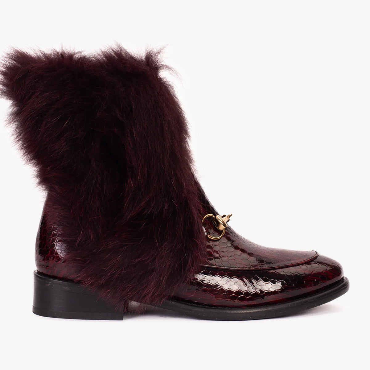 Vinci Leather The Izmir Burgundy Patent Leather Natural Fur Mid Calf Women Boot – product view 1