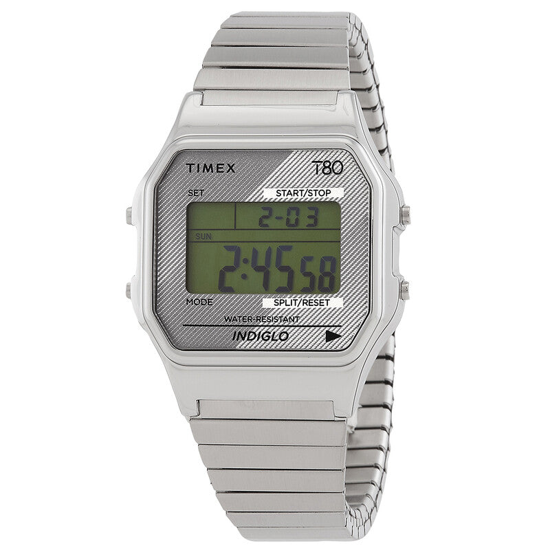 Timex T80 34mm Digital Men's Watch — Silver-Tone Expansion Band