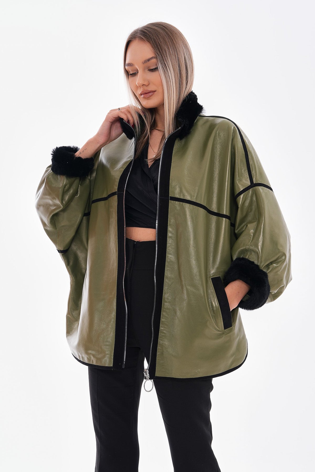 Vinci Leather The Rebel Reversible Shearling Olive Green Leather Women Jacket – product view 9