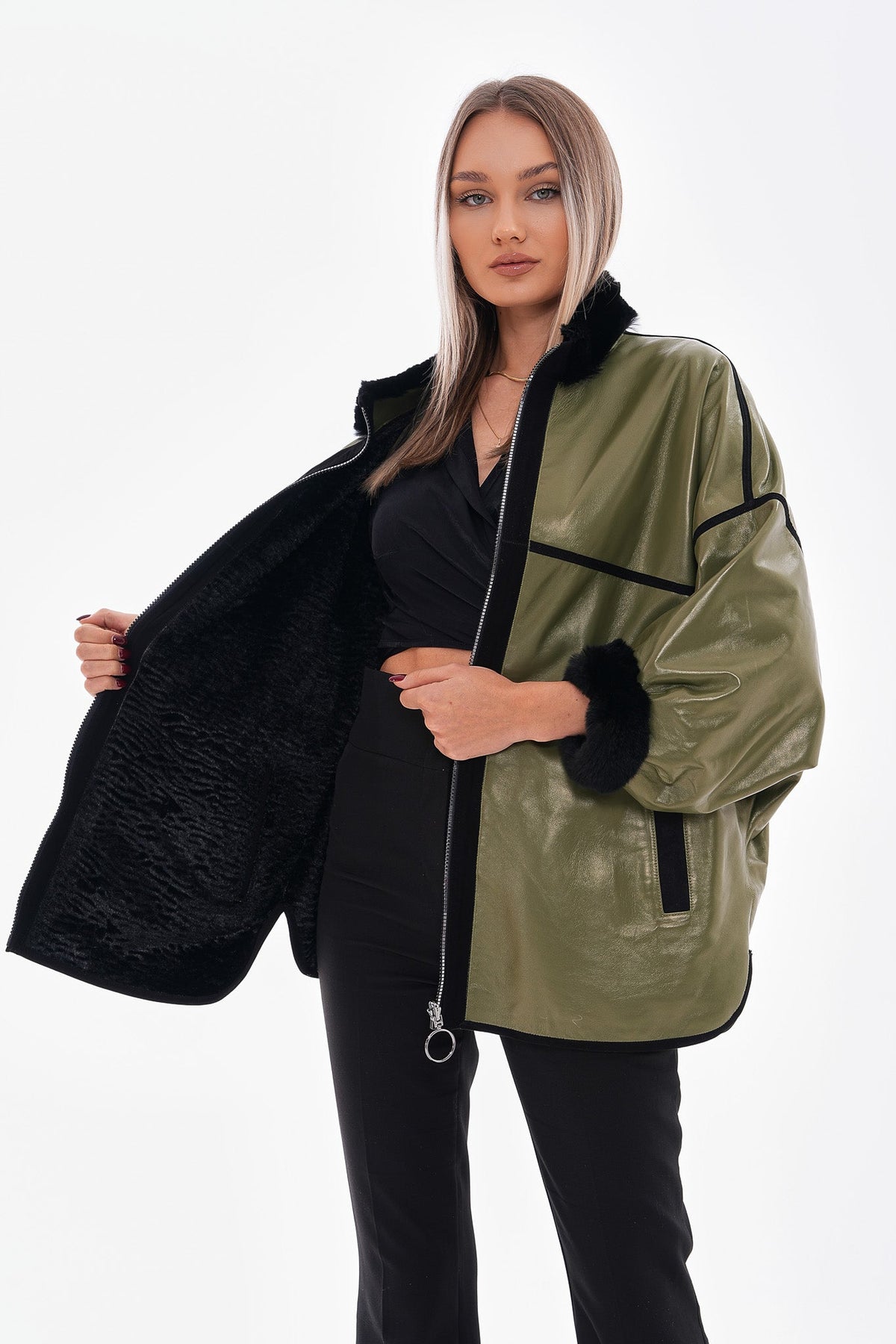Vinci Leather The Rebel Reversible Shearling Olive Green Leather Women Jacket – product view 6