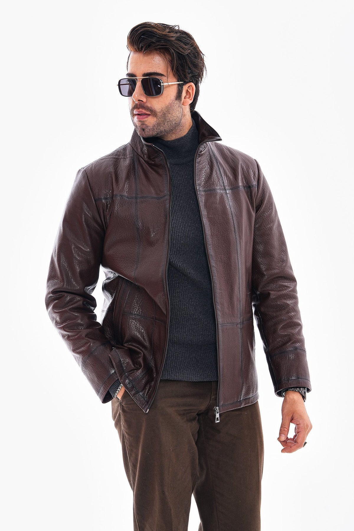 Vinci Leather The Nero Coffee Brown Leather Men Jacket – product view 2