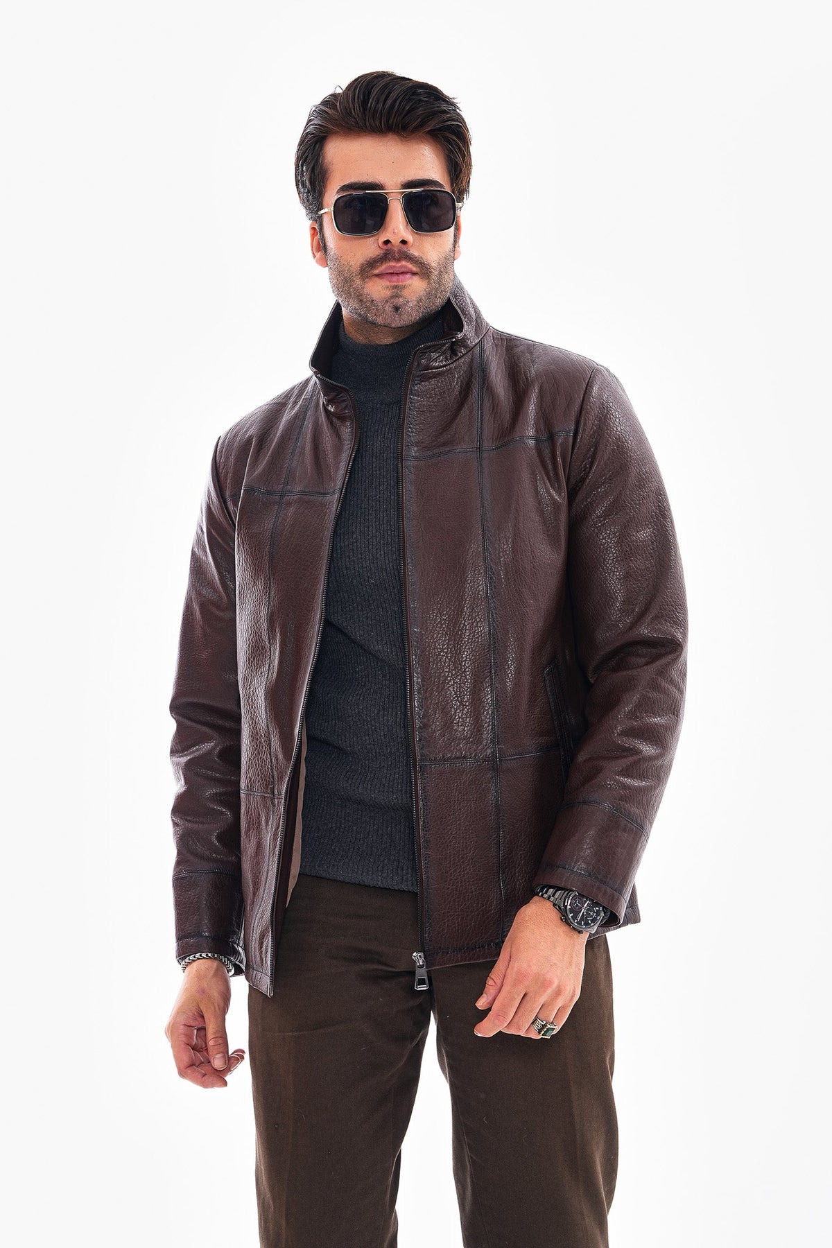 Vinci Leather The Nero Coffee Brown Leather Men Jacket – product view 6