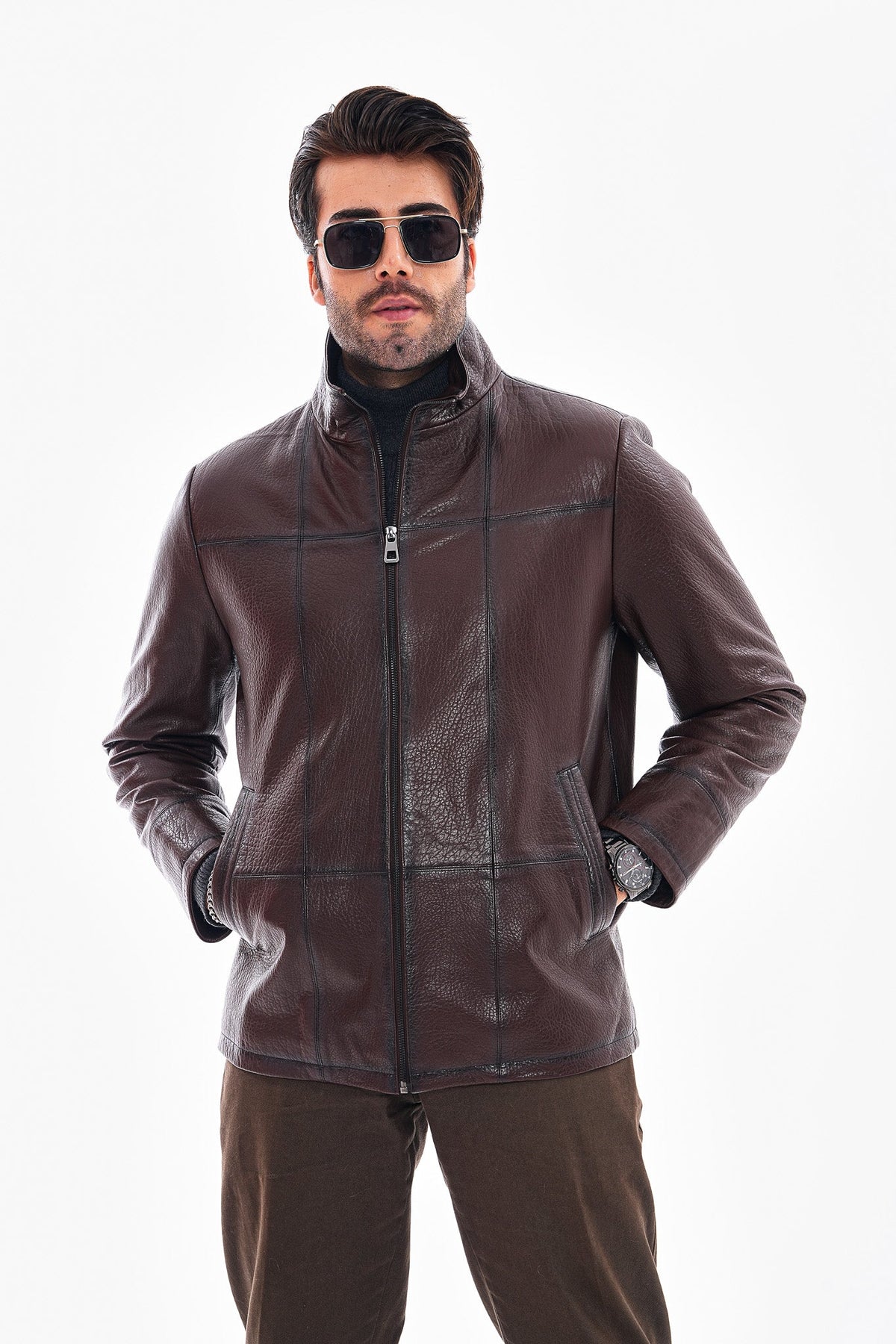 Vinci Leather The Nero Coffee Brown Leather Men Jacket – product view 1