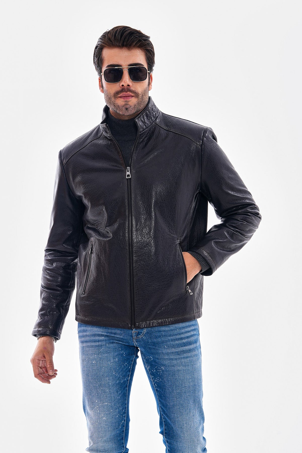 Vinci Leather The Varden Navy Blue Leather Men Jacket – product view 2