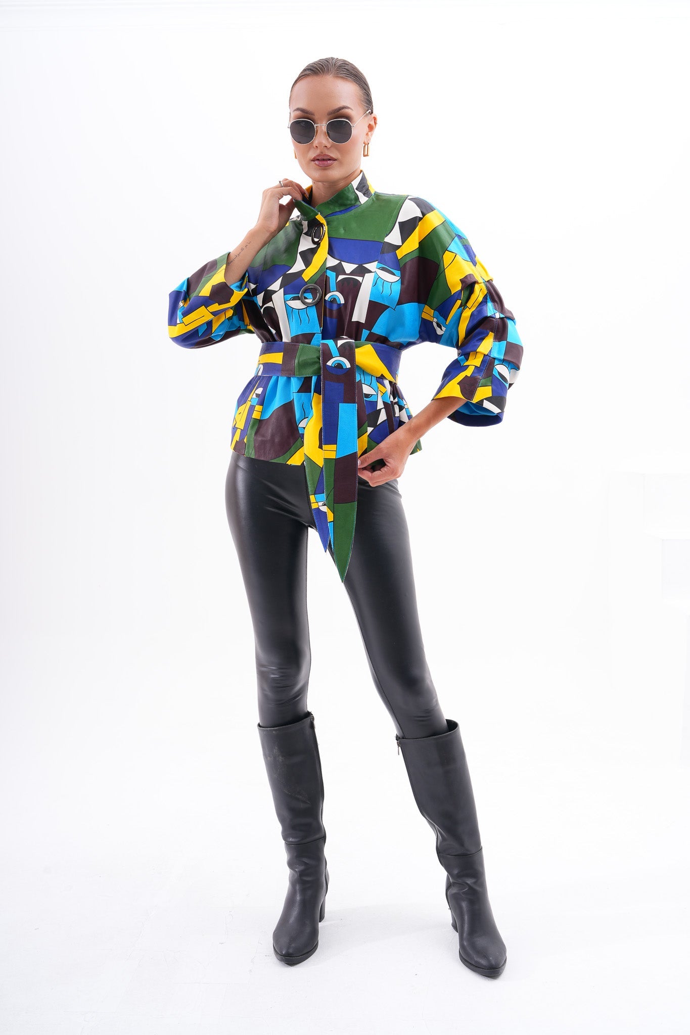 The Odessa Multicolor Geometric Art Leather Women Jacket
