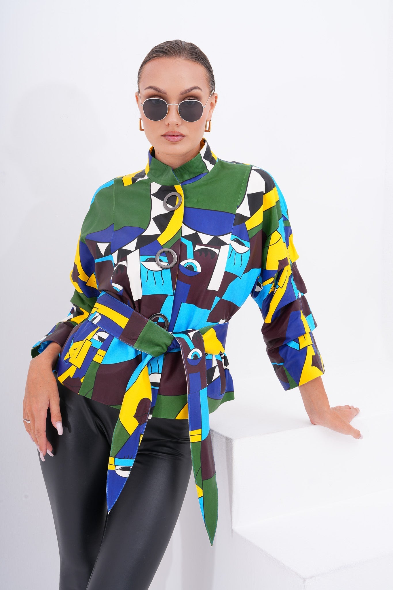 The Odessa Multicolor Geometric Art Leather Women Jacket