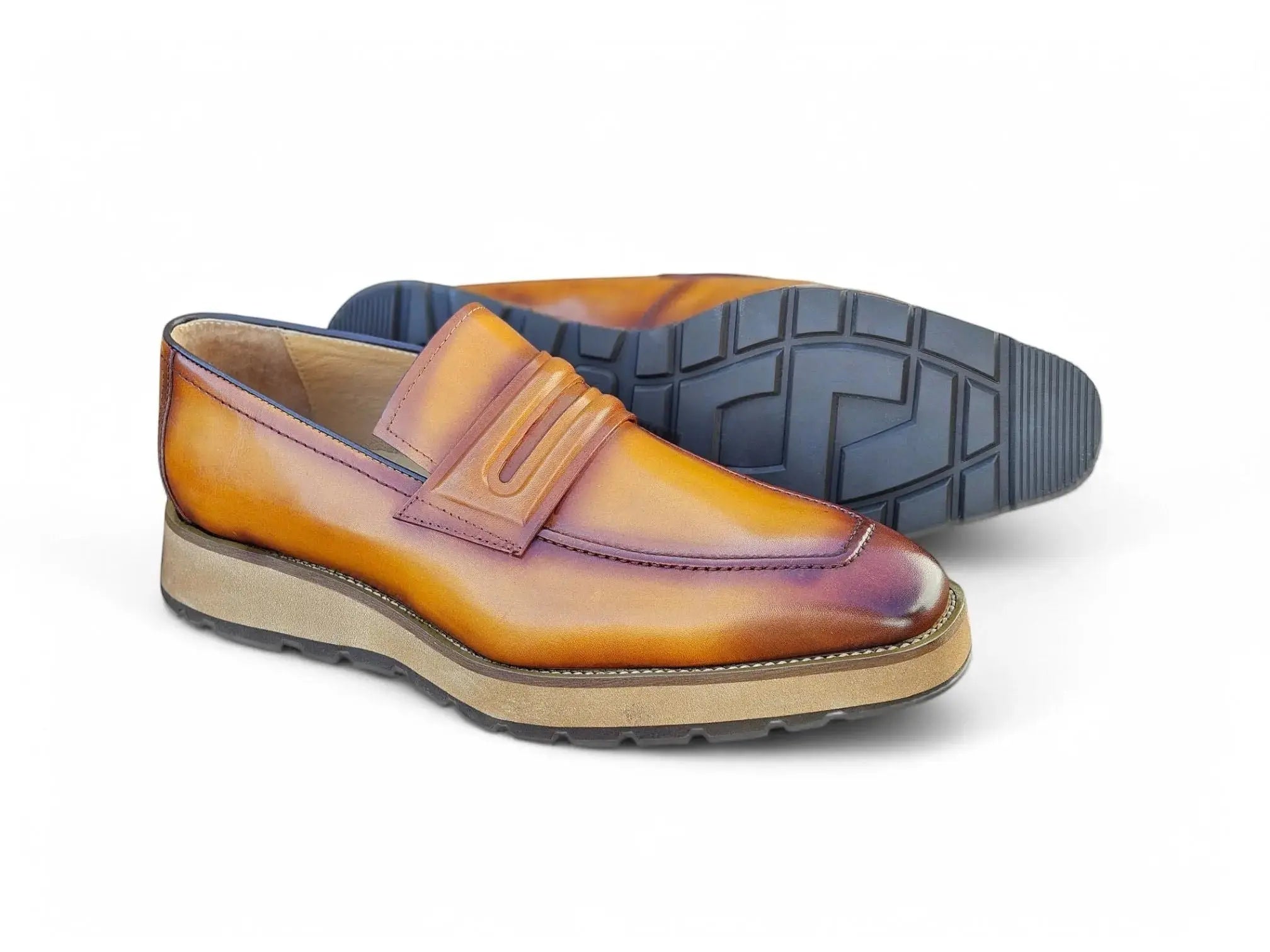 Carrucci Shoes Men's Hand Burnished Penny Loafer Chunky Sole Men’s Leather KS52