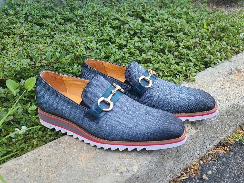 Carrucci Shoes Men's Linen Slip On Loafer Gold Tone Buckle All Day Comfort KS550 03F
