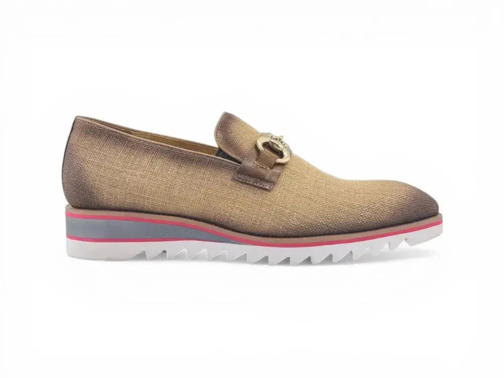 Carrucci Shoes Men's Linen Slip On Loafer Gold Tone Buckle All Day Comfort KS550 03F