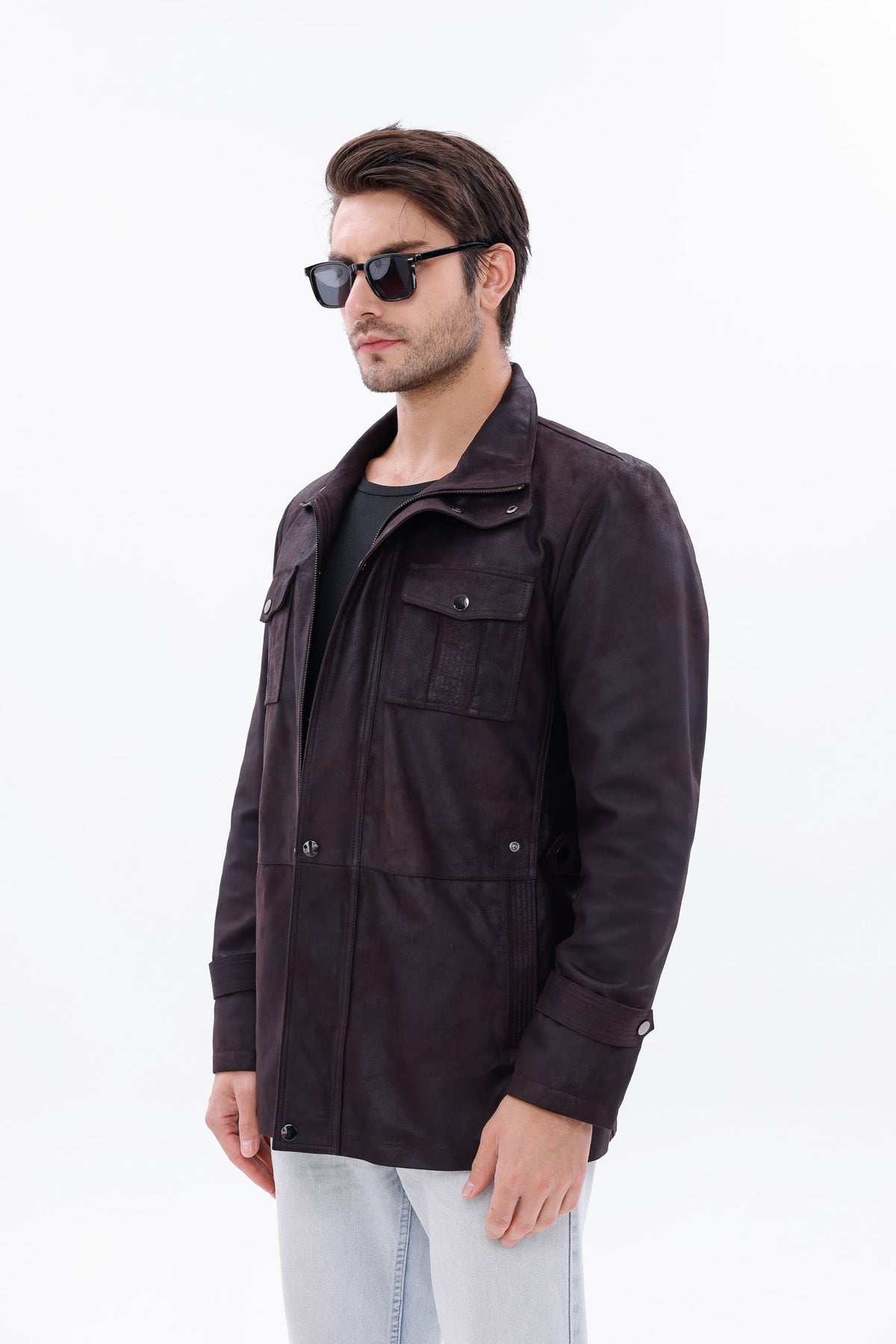 Vinci Leather The Cremona Deep Brown Suede Leather Men Jacket – product view 2