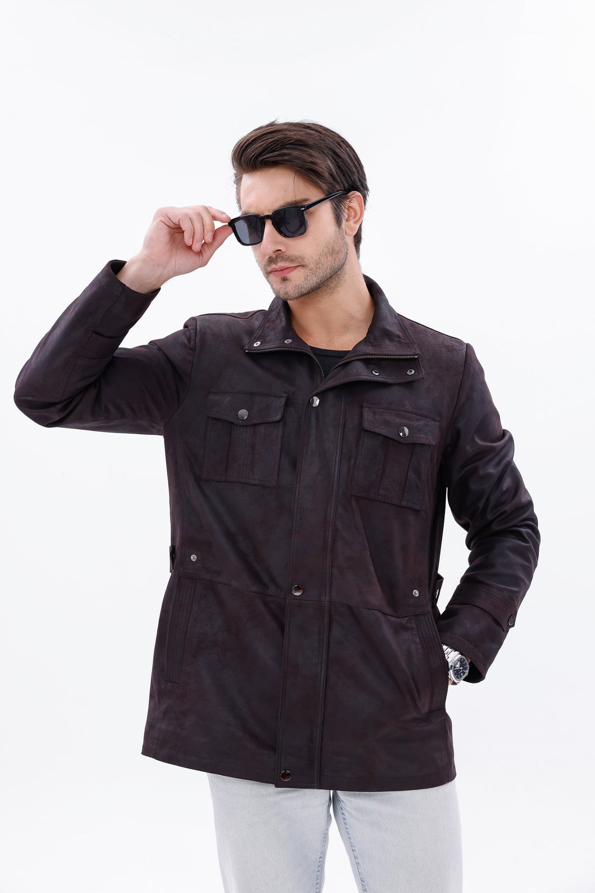 Vinci Leather The Cremona Deep Brown Suede Leather Men Jacket – product view 9