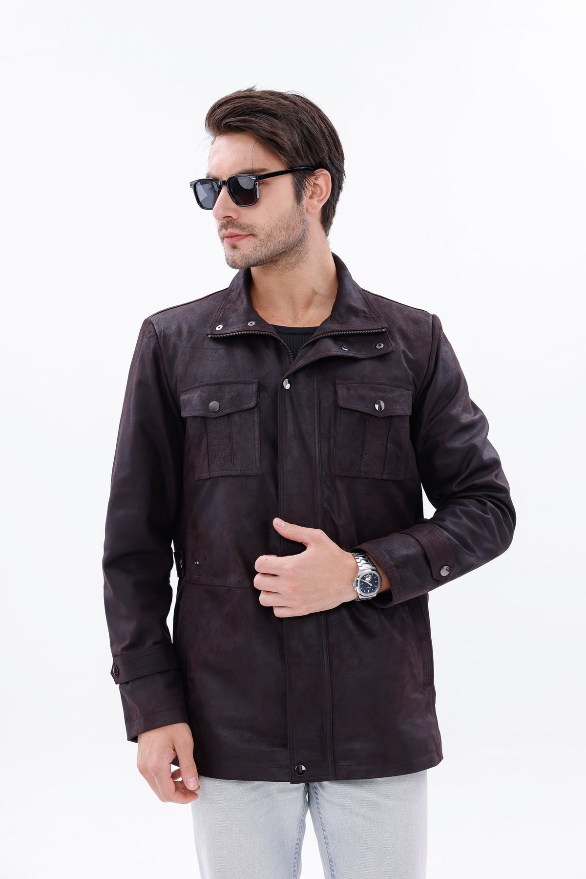 Vinci Leather The Cremona Deep Brown Suede Leather Men Jacket – product view 11