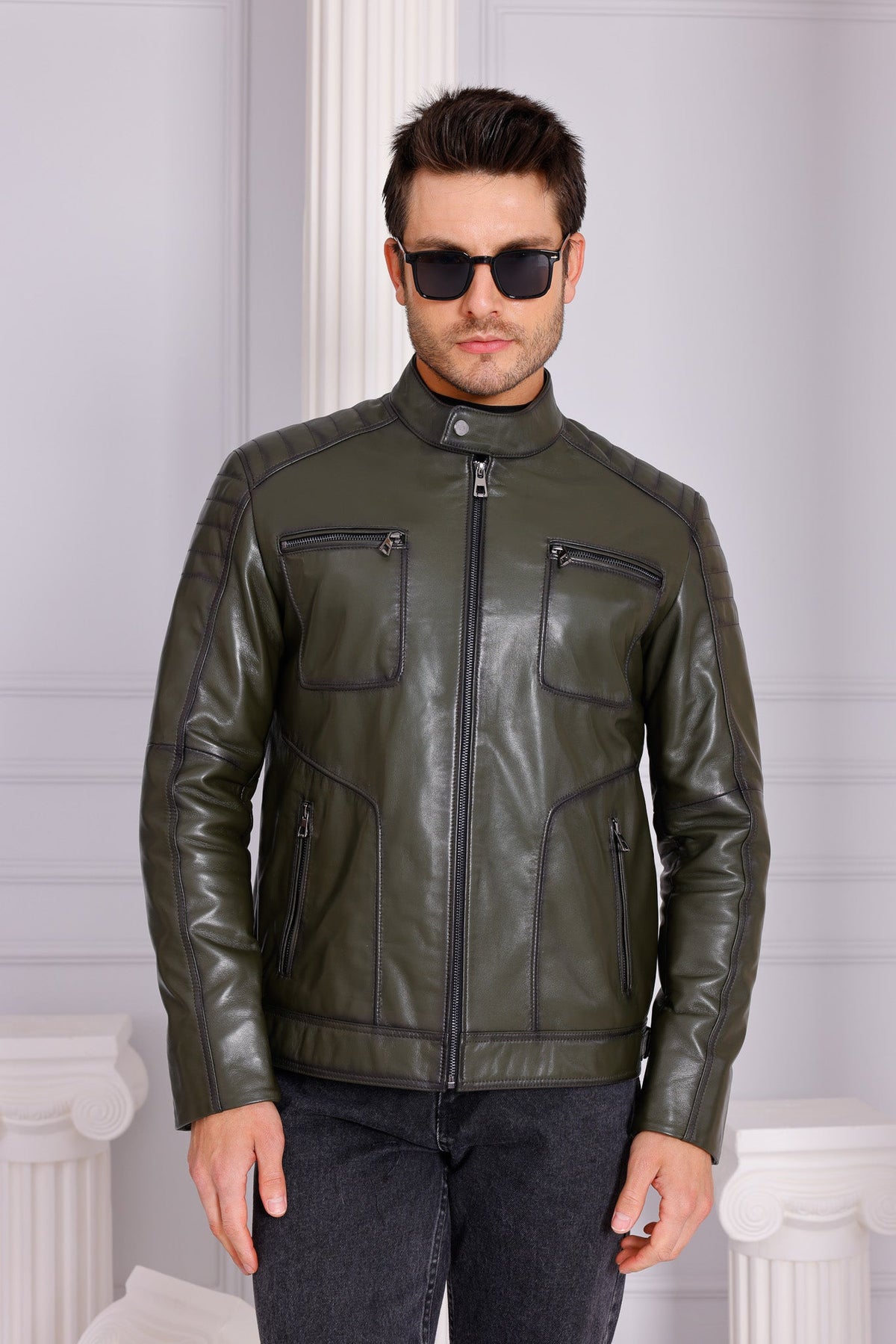 Vinci Leather The Argento Green Leather Men Jacket – product view 2