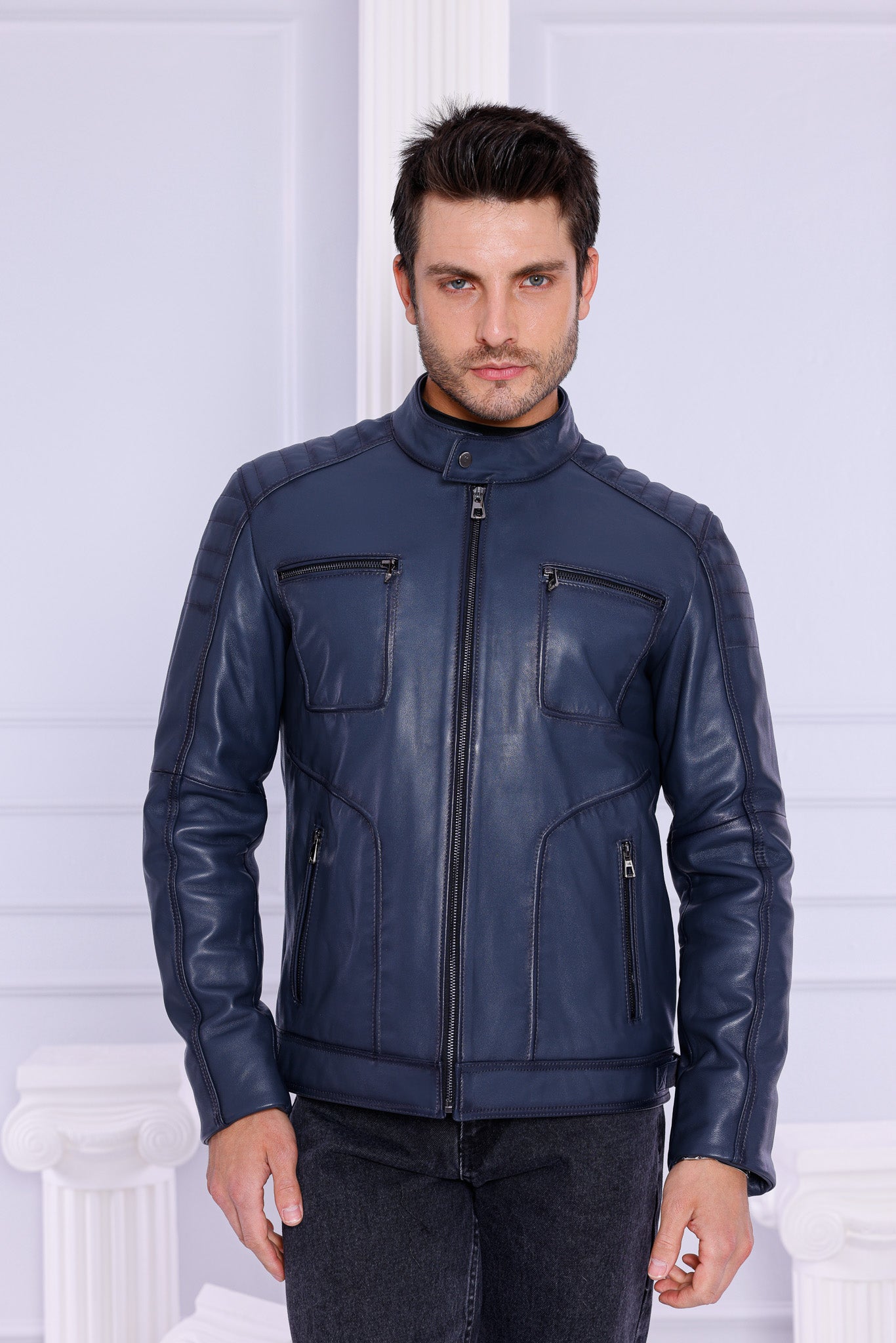 The Argento Navy Blue Leather Men Jacket