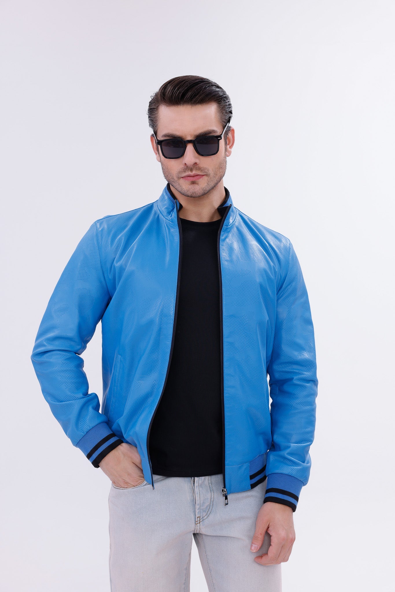 Monza Blue Lambskin Men Leather Jacket