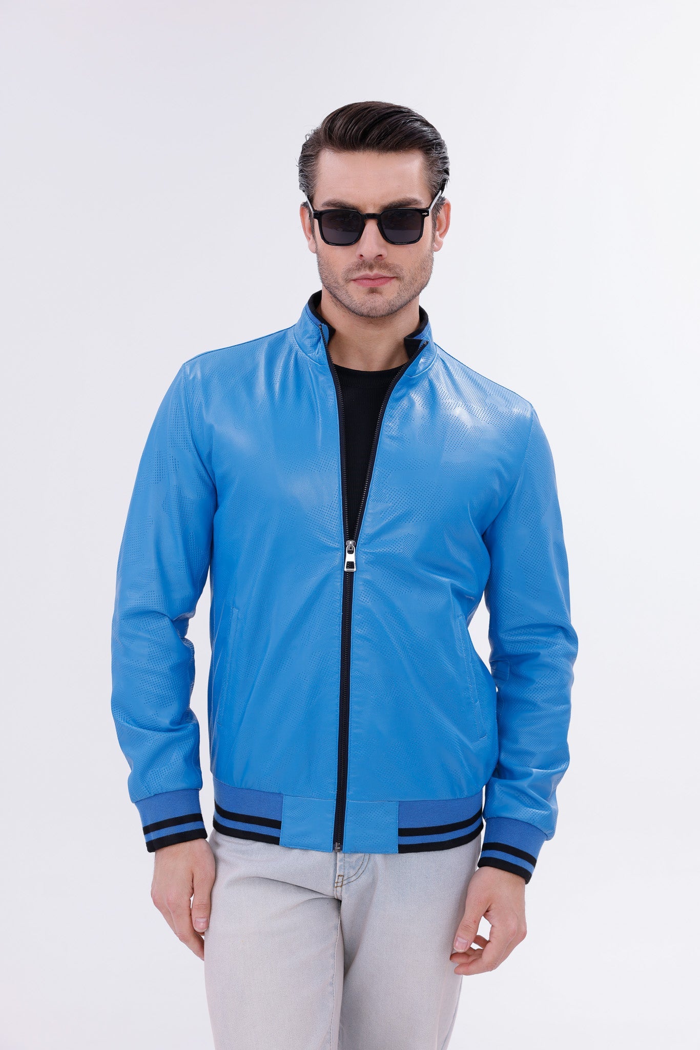 Monza Blue Lambskin Men Leather Jacket