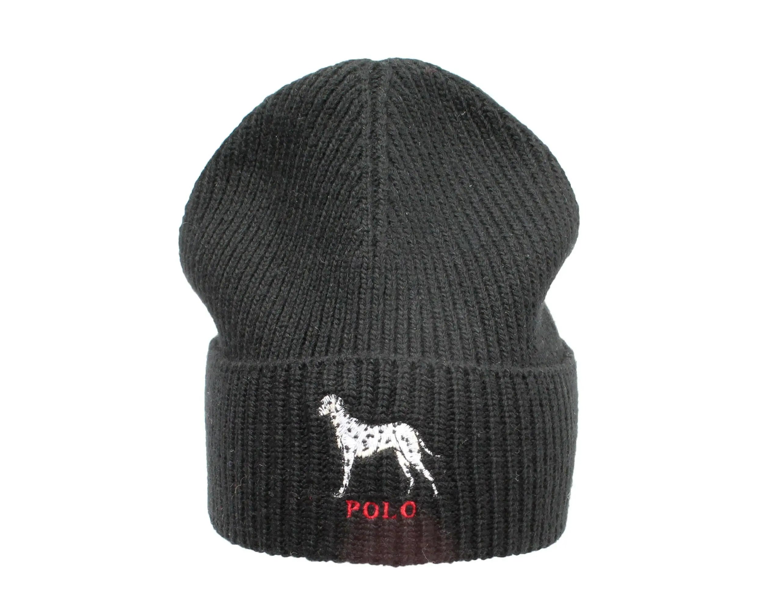 Polo Ralph Lauren Dalmatian Dog Knit Cuffed Beanie Hat Black