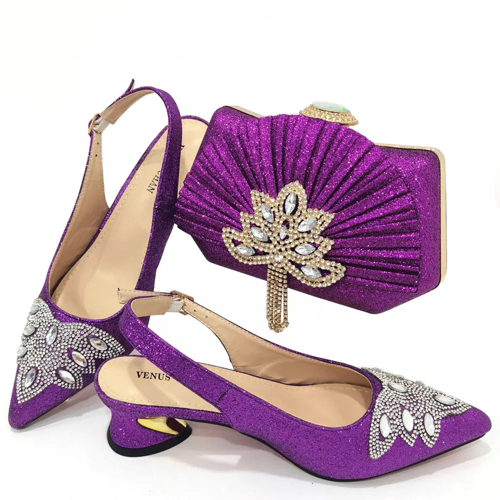 Women's Silver Mid Heels Frosted Crystal Shoes And Bag Set