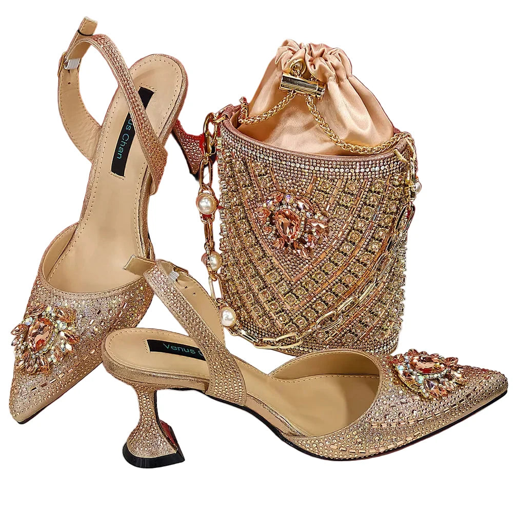 Women Shoes and Bag Set With Rhinestone Handbag EDTR54