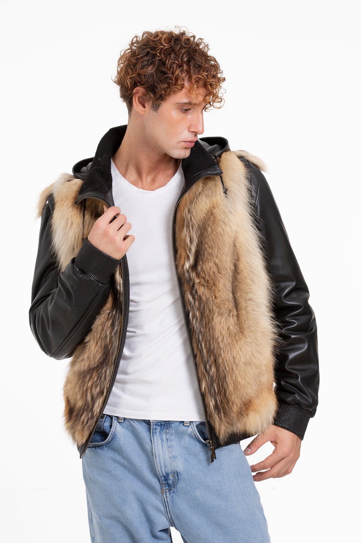 Vinci Leather The Melbourne Pure Wolf Fur Leather Black Men Jacket – product view 6