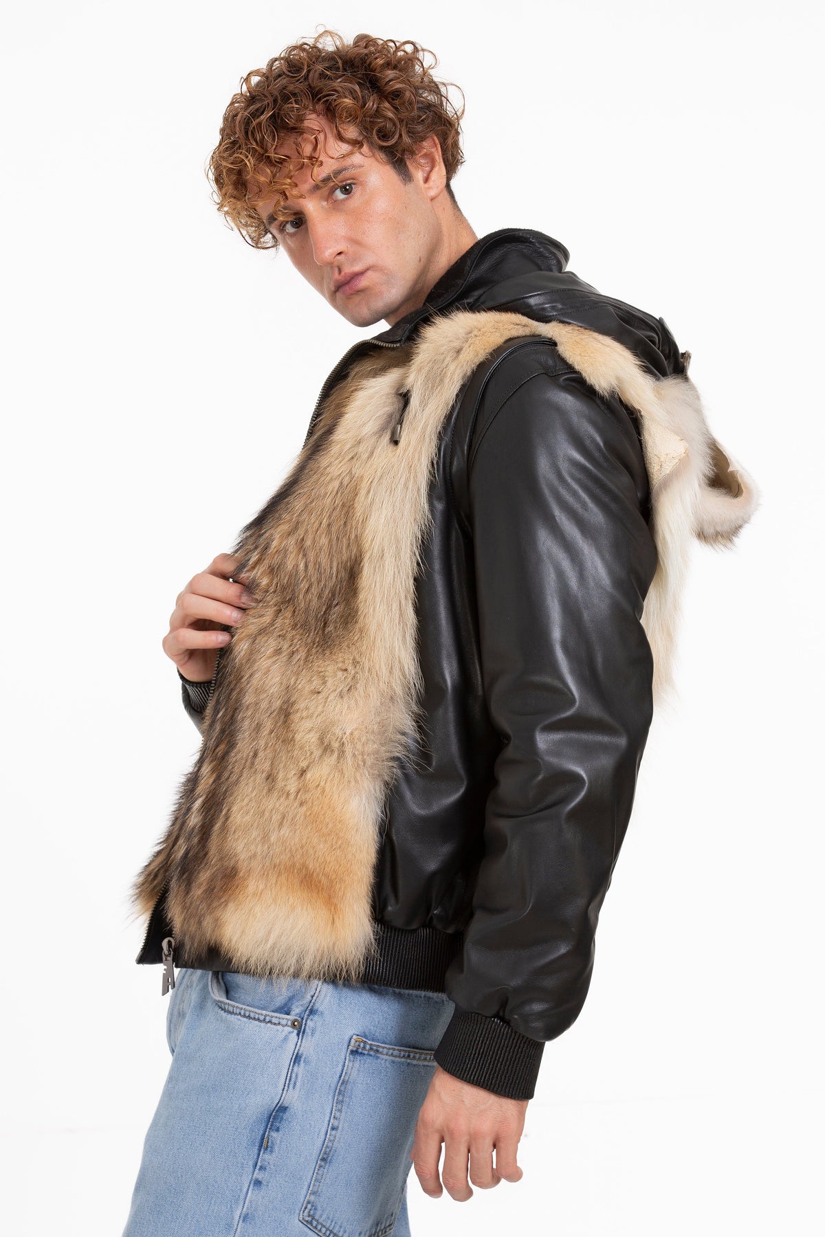 Vinci Leather The Melbourne Pure Wolf Fur Leather Black Men Jacket – product view 7