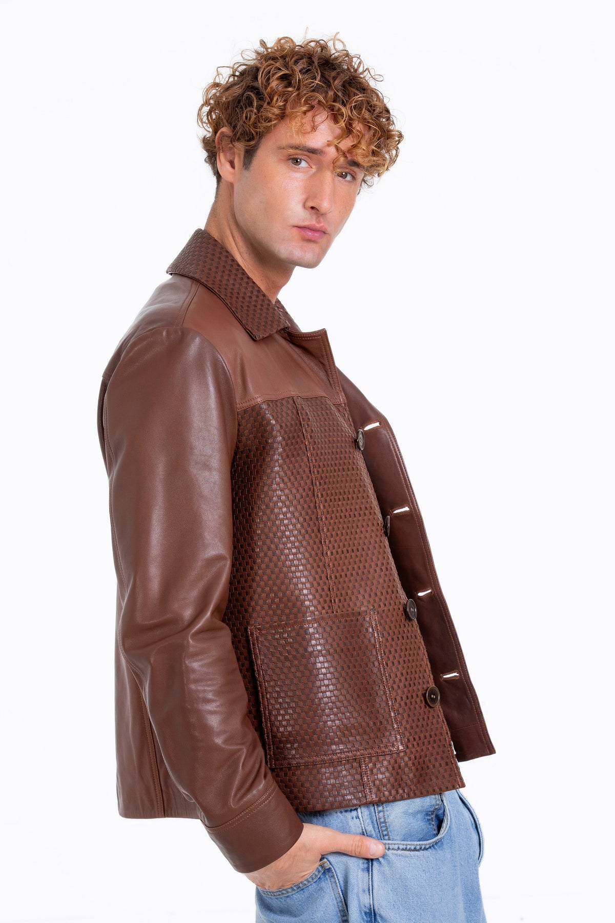 Vinci Leather The Glasgow Tan Handwoven Leather Men Jacket – product view 5