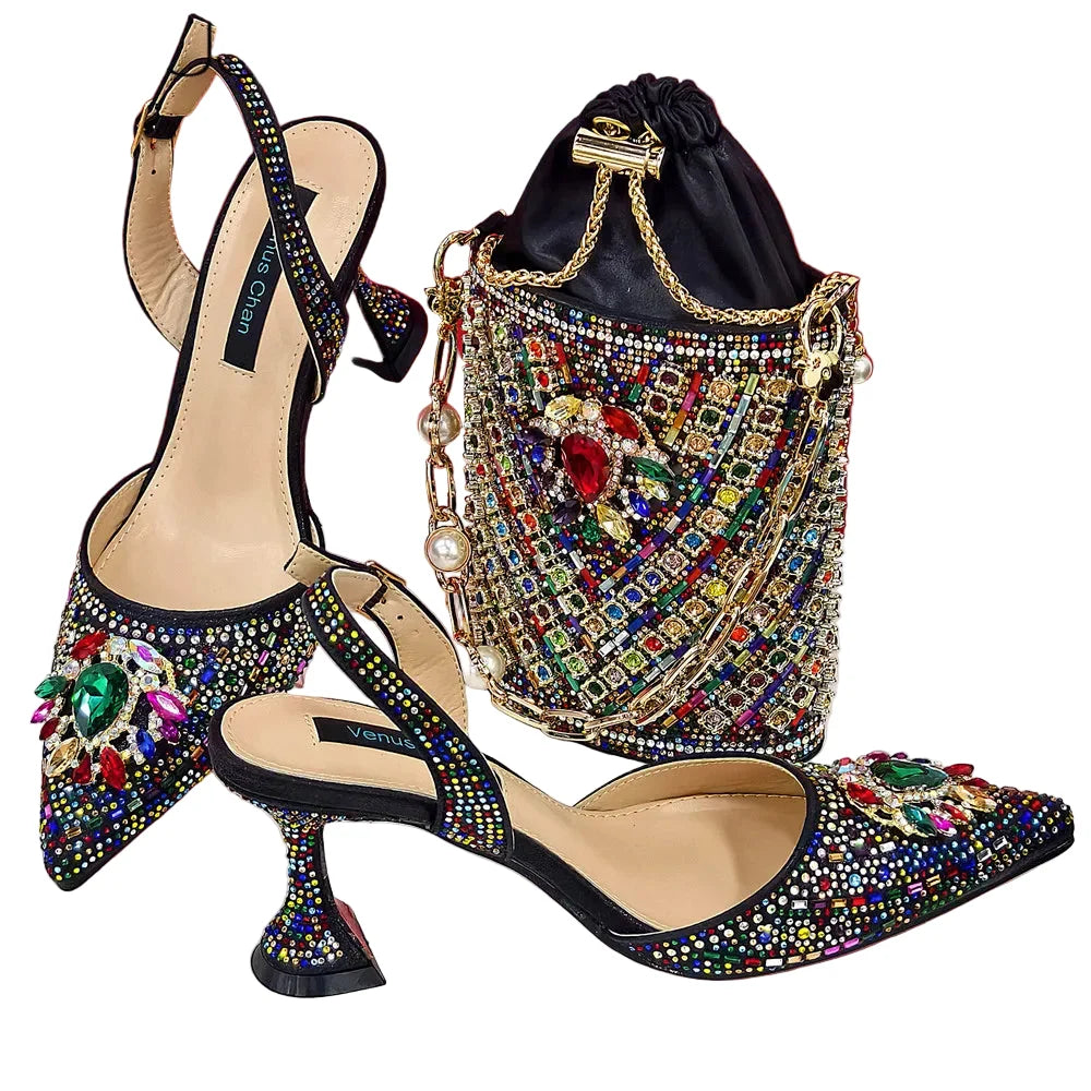 Women Shoes and Bag Set With Rhinestone Handbag EDTR54