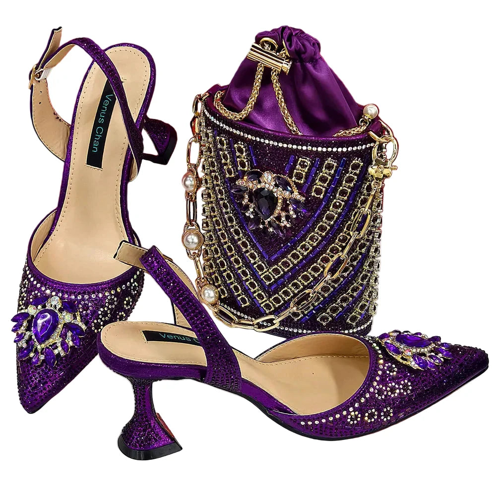Women Shoes and Bag Set With Rhinestone Handbag EDTR54