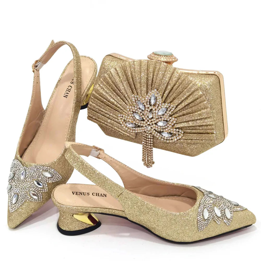 Women's Silver Mid Heels Frosted Crystal Shoes And Bag Set – product view 6