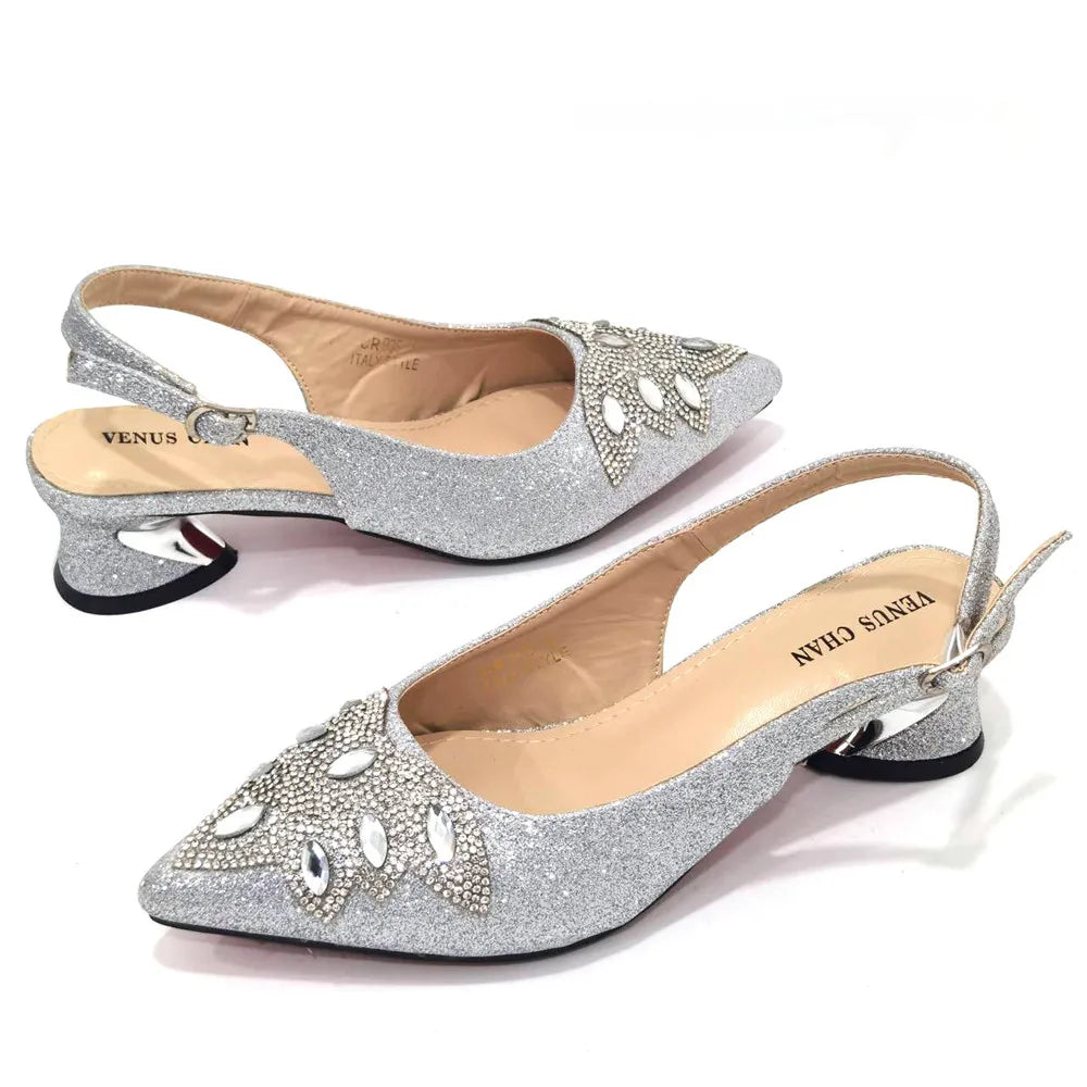 Women's Silver Mid Heels Frosted Crystal Shoes And Bag Set – product view 4