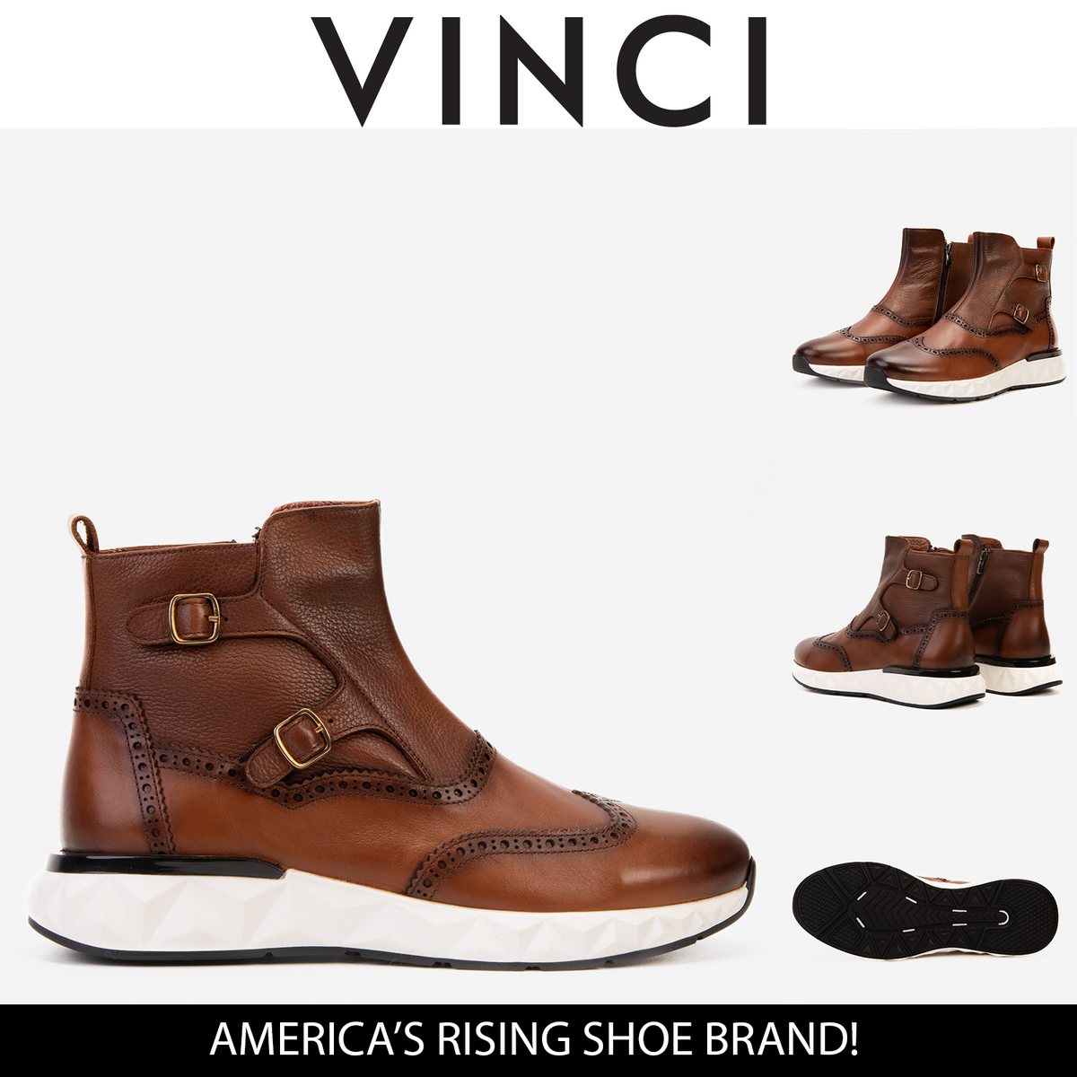 Vinci Leather The Stealth Wingtip Buckle Tan Leather Men Boot – product view 7