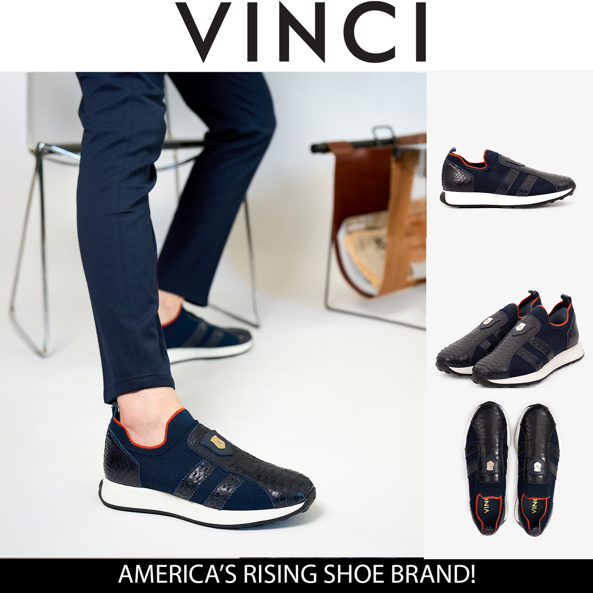 Vinci Leather The Aslan Navy Knitted & Leather Men Sneaker – product view 4