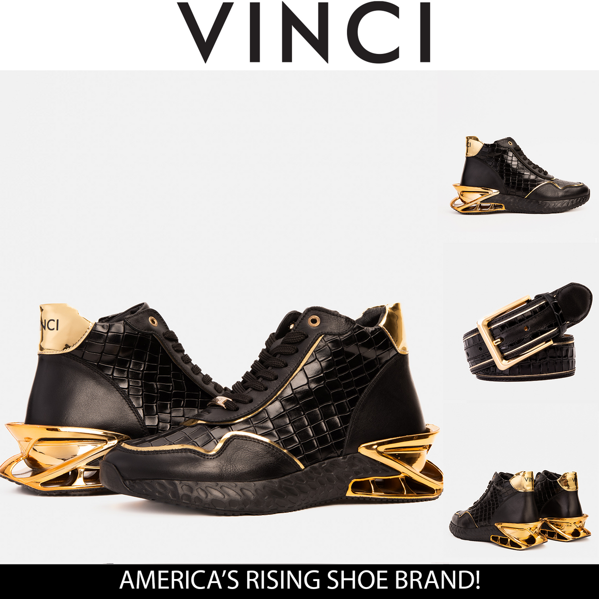 Vinci Leather Bellagio Black & Gold High-Top Men Sneaker – product view 4
