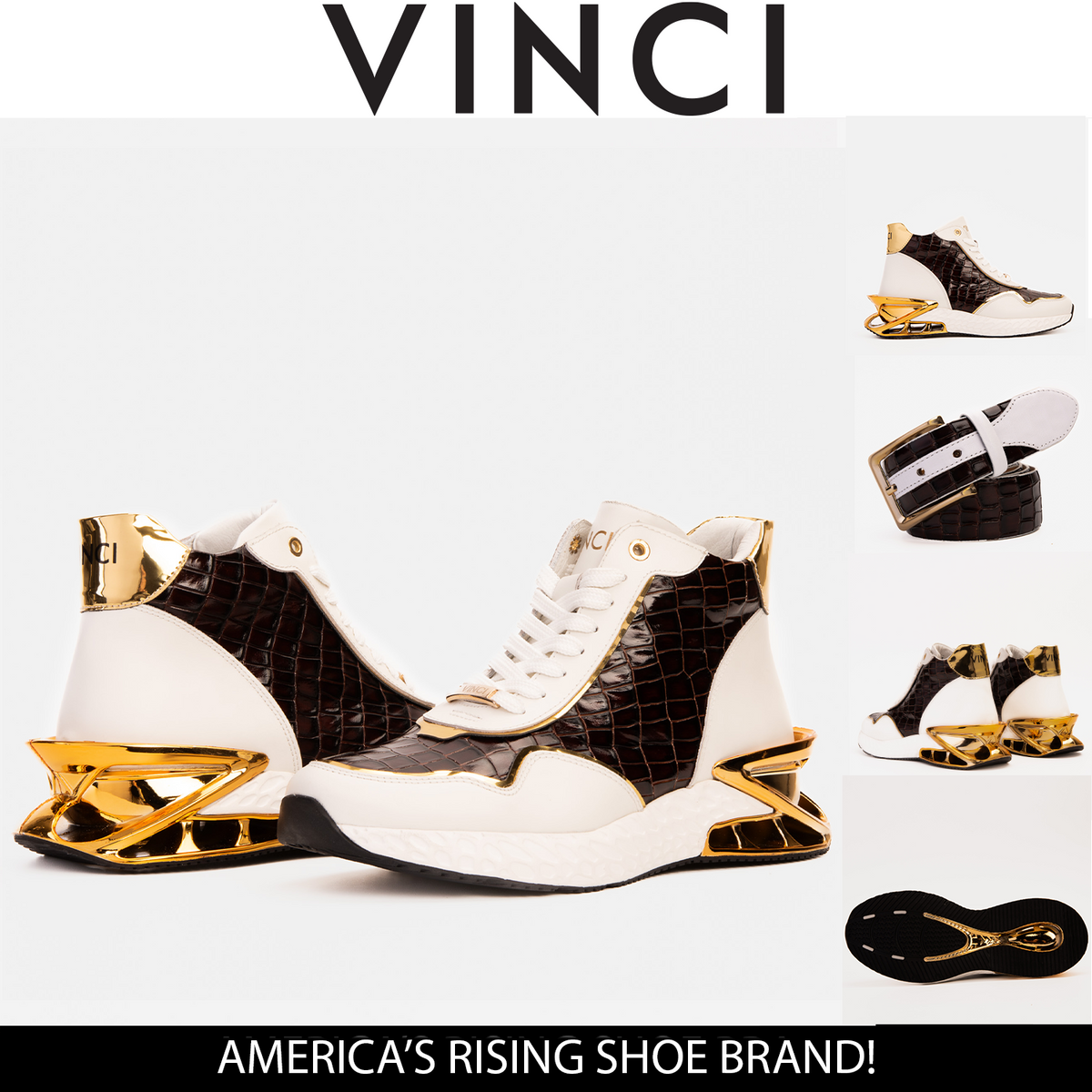 Vinci Leather Bellagio White & Gold Leather High-Top Men Sneaker – product view 10