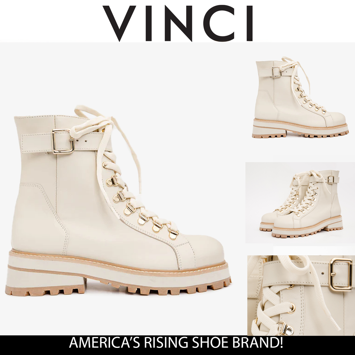 Vinci Leather The Belgrano Cream Leather Lace-Up Ankle Women Boot With a Side Zipper – product view 6