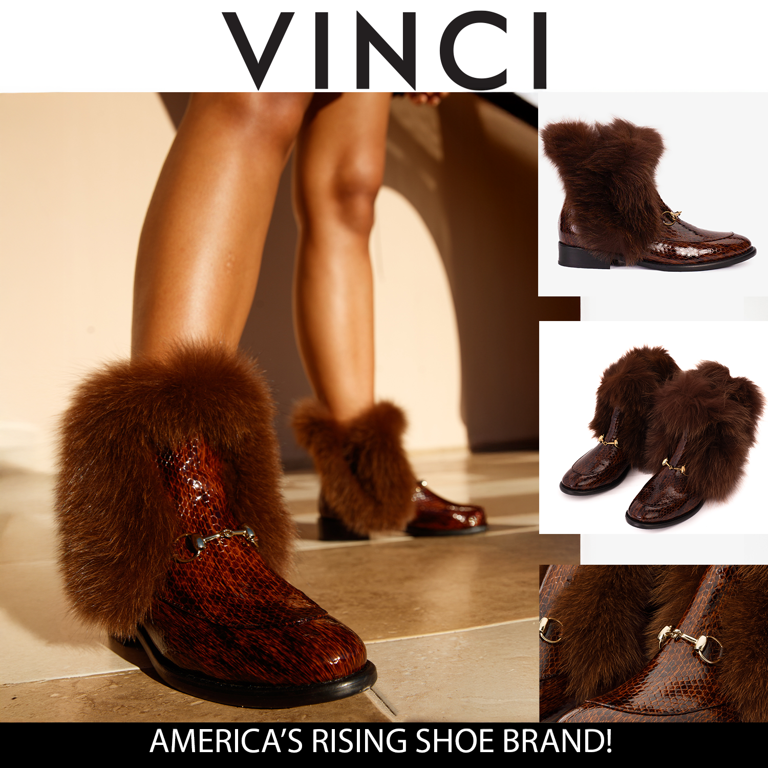 The Izmir Brown Patent Leather Natural Fur Mid Calf Women Boot