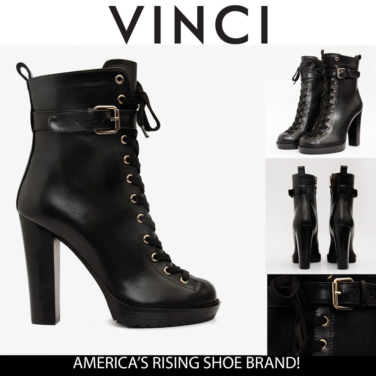 Vinci Leather The Estrada Black Leather Lace-Up Platform Heel Mid Calf Women Boot – product view 6
