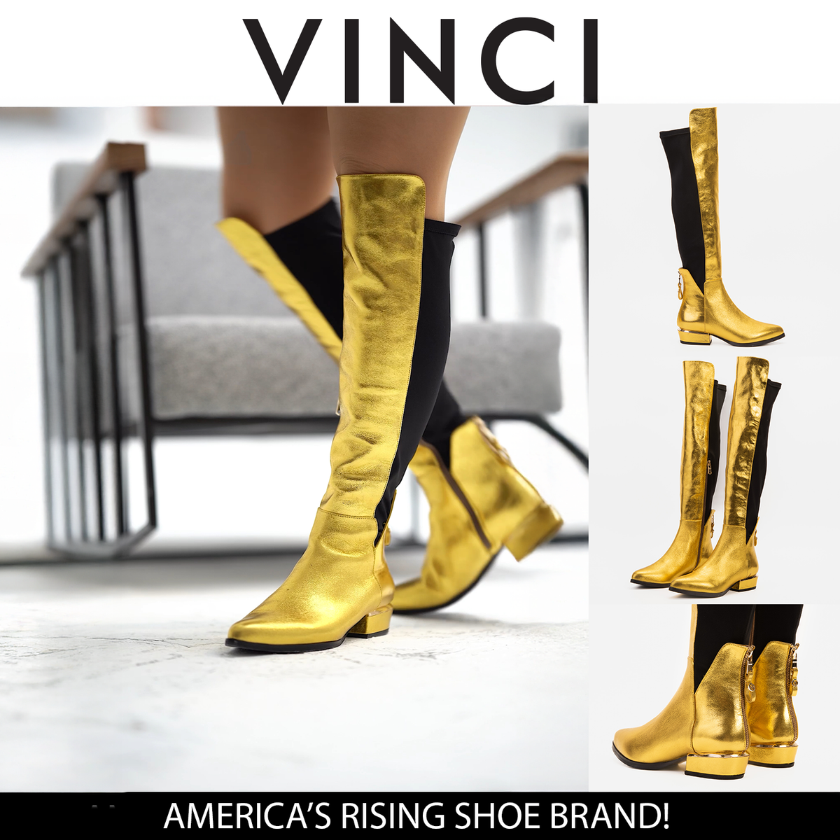 Vinci Leather The Fairoks Gold Leather Pointy Toe Knee High Women Boot – product view 9