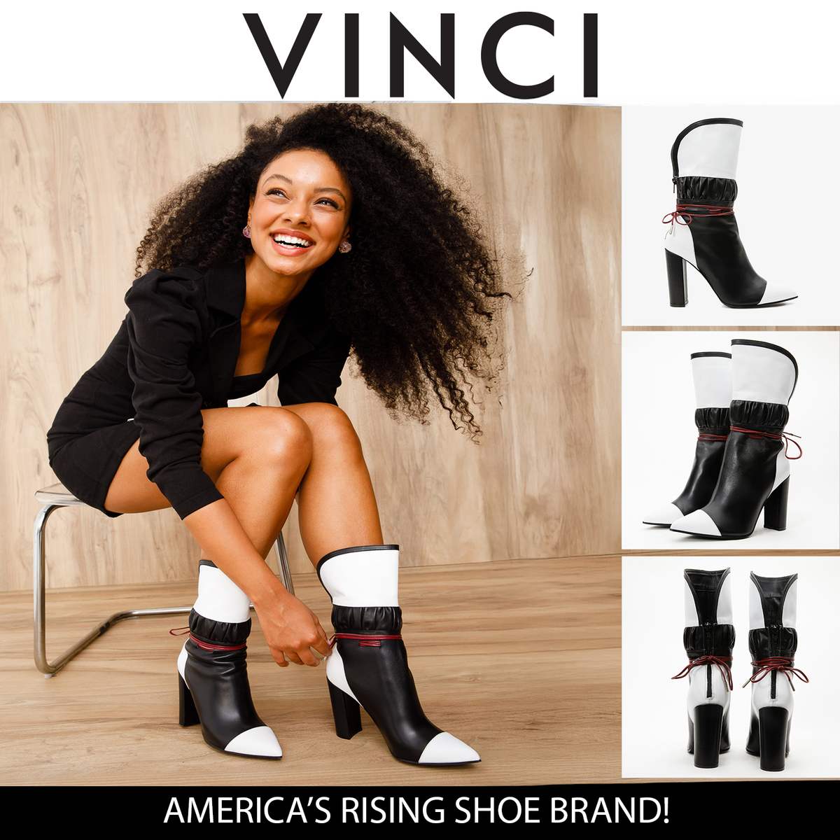 Vinci Leather The Lucca Black & White Leather Mid Calf High Heel Women Boot Limited Edition – product view 6