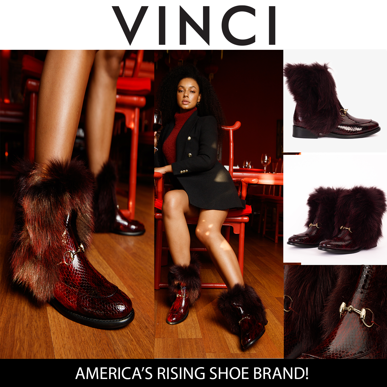 The Izmir Burgundy Patent Leather Natural Fur Mid Calf Women Boot