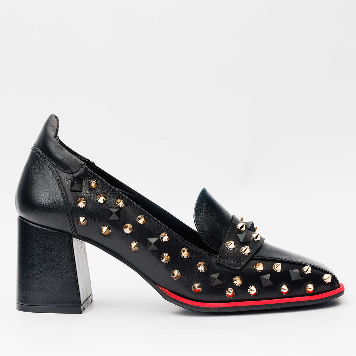 Vinci Leather The Infanta Black Spike Leather Block Heel Pump Women Shoe – product view 1