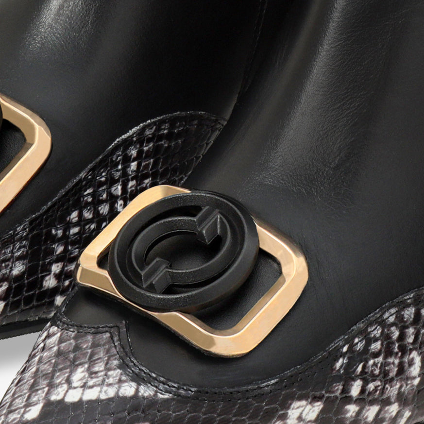 The Arezzo Black & White Leather Block Heel Women Boot