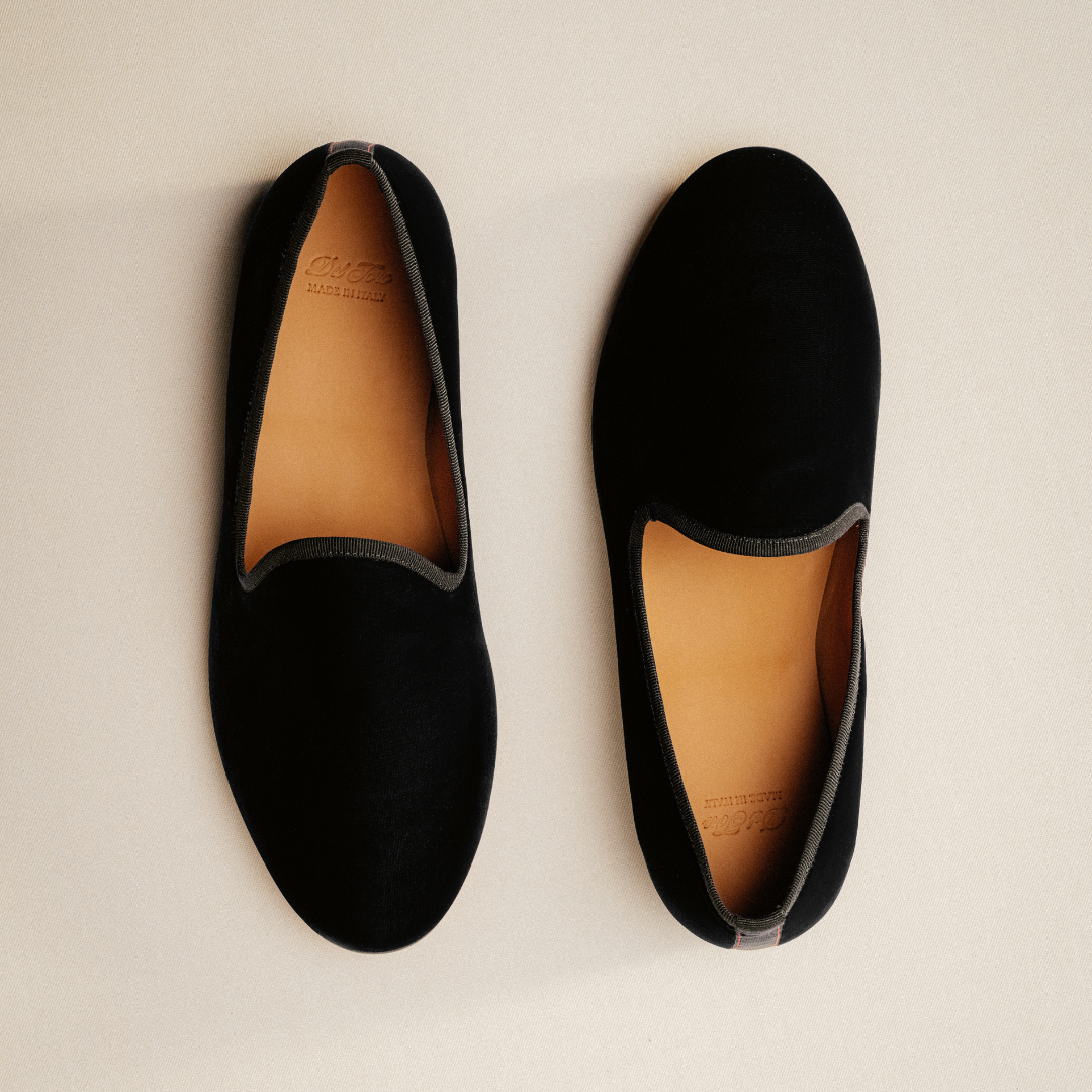 Del Toro Shoes Men's Black Velvet Slipper II With Black Grosgrain Stripe
