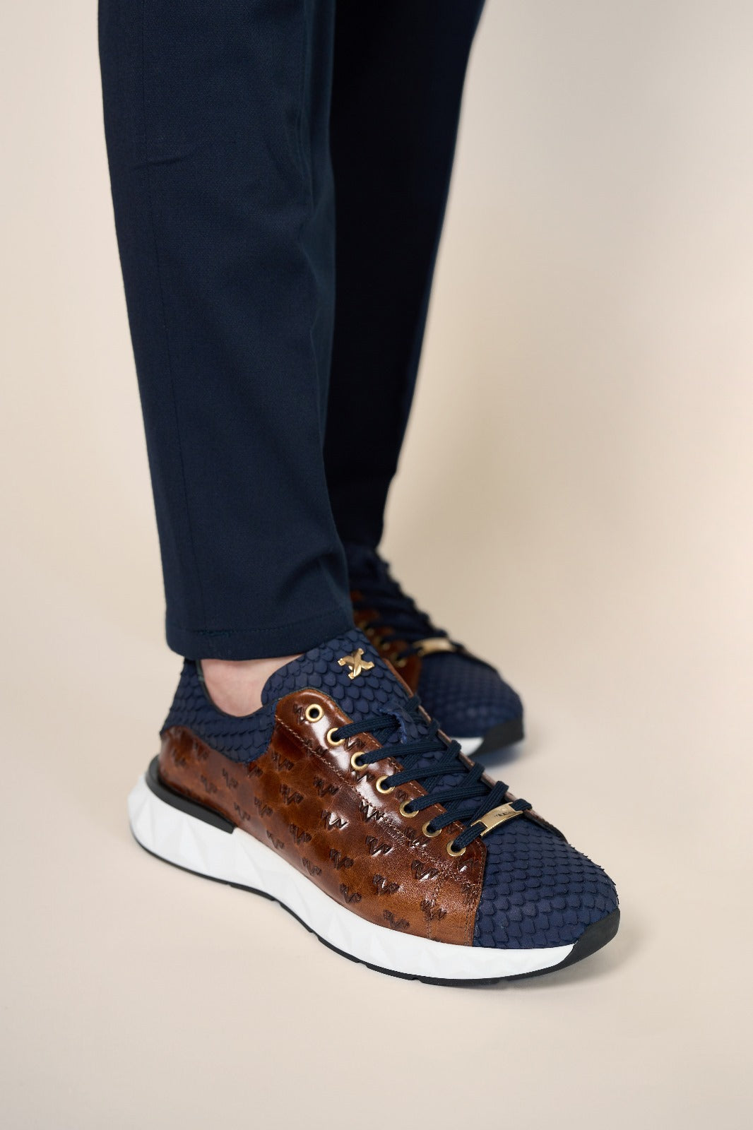 Vinci Leather The Caesars Navy & Tan Leather Men Sneaker – product view 18