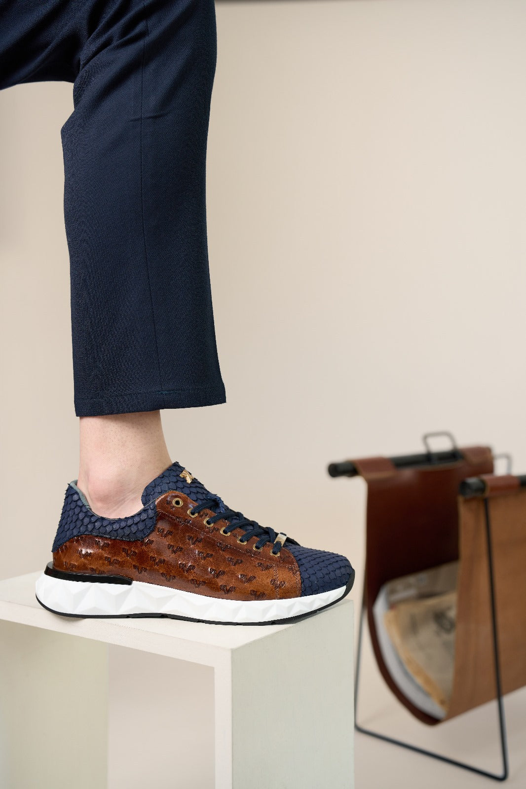 Vinci Leather The Caesars Navy & Tan Leather Men Sneaker – product view 19