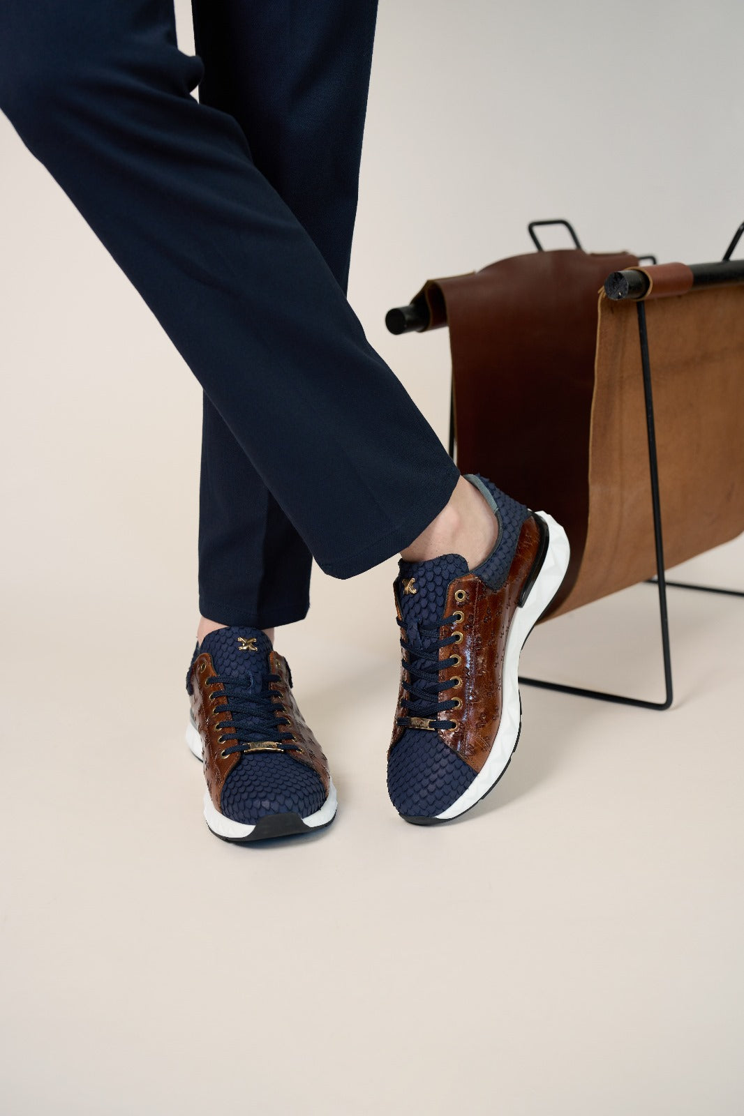 Vinci Leather The Caesars Navy & Tan Leather Men Sneaker – product view 21