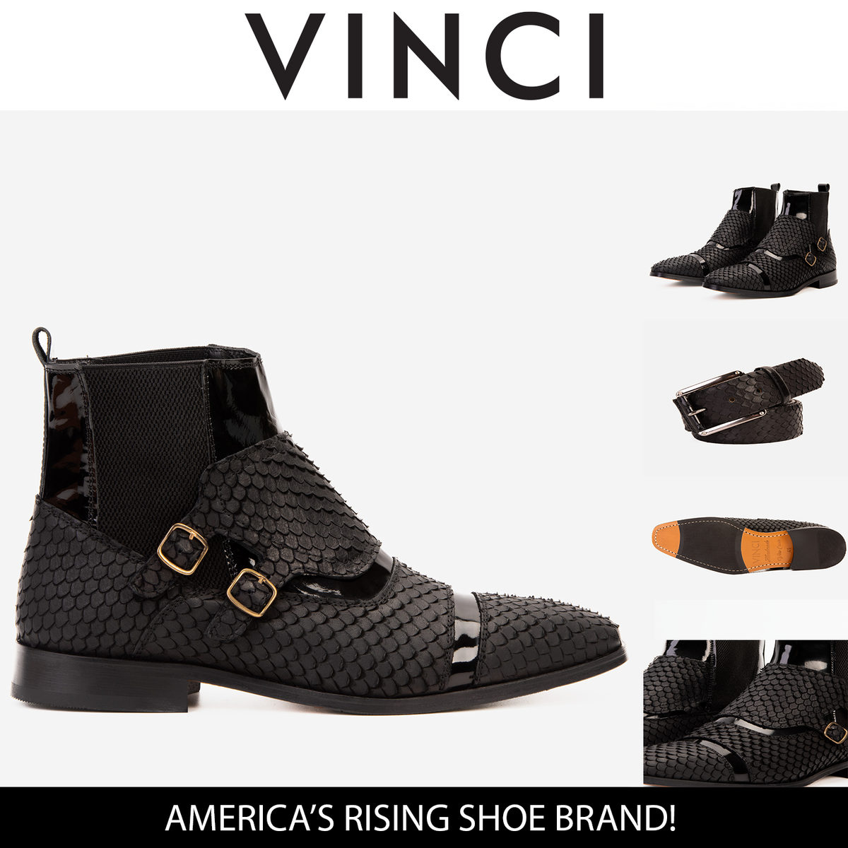 Vinci Leather The Orion Black Snakeskin Pattern Leather Double Monk Strap Men Boot – product view 6