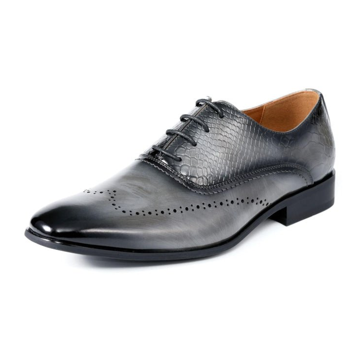 Amali Burke men's gray patterned lace-up dress shoe, three-quarter view