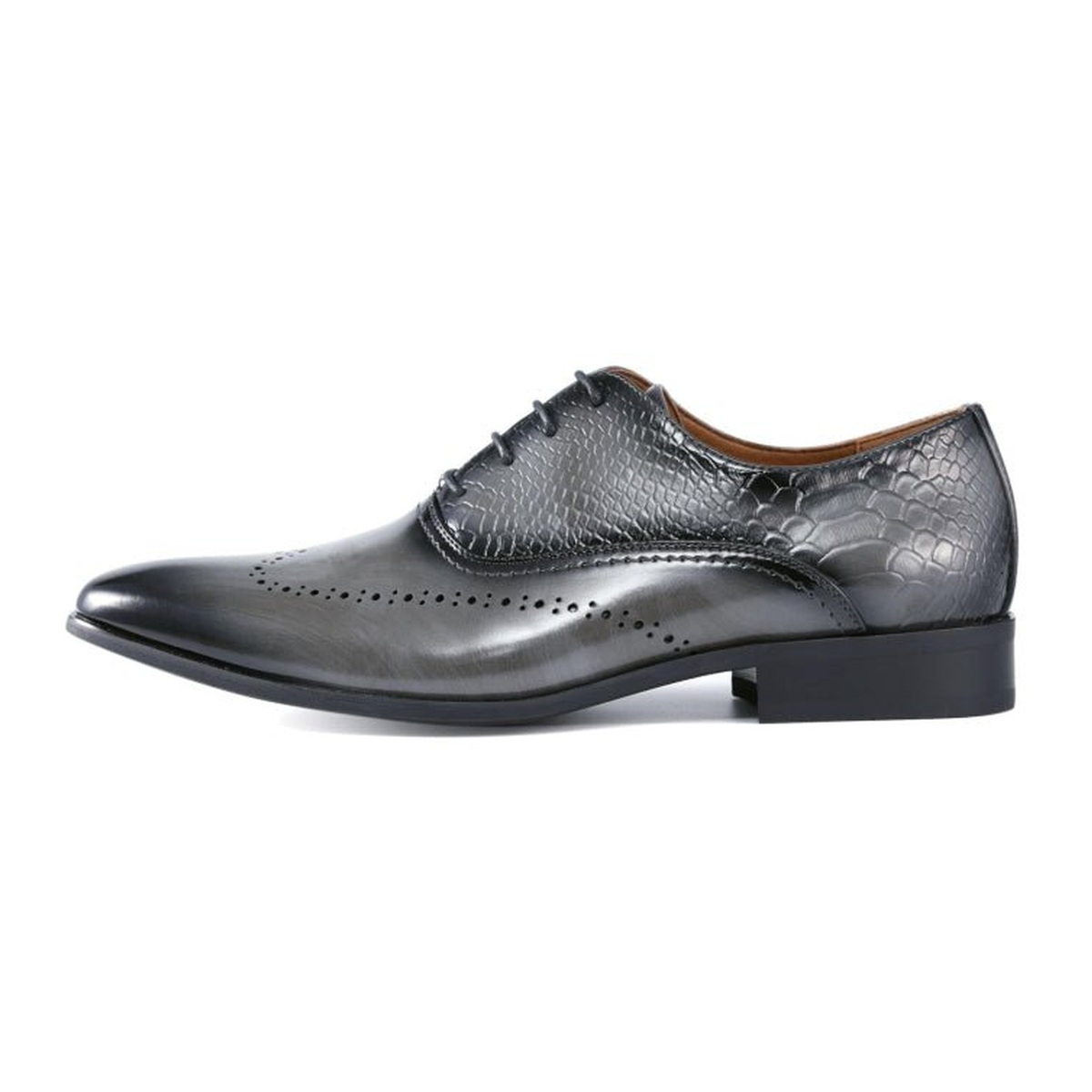 Amali Burke men's gray patterned lace-up dress shoe, side profile view