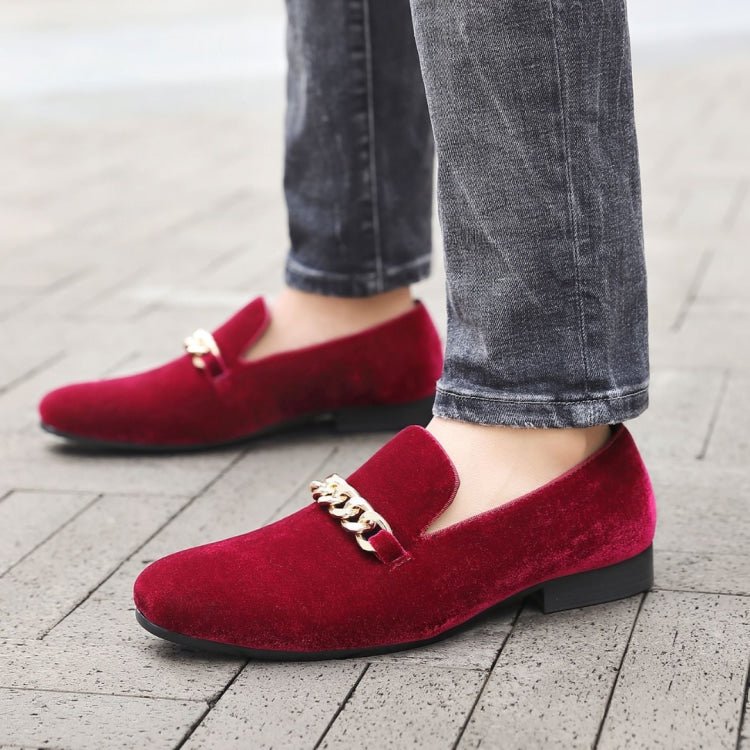 Amali Fay Burgundy Men's Velvet Slip On Loafers With Chain
